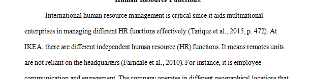 Select one of the case study companies (I choose IKEA as my choice) profiled according to HR function configurations in Context