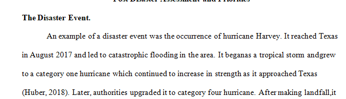 Describe and briefly discuss one element each as an example of a post-disaster assessment and a post-disaster priority