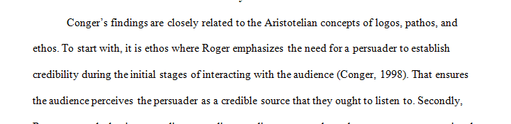 Explain how Conger’s findings relate to Aristotle’s concepts of ethos, pathos, and logos.