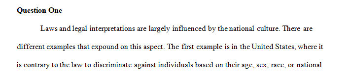 Provide three (3) examples illustrating that laws and legal interpretations are influenced by national culture.