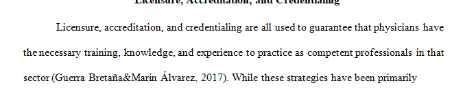 Complete a comparative analysis to assess licensure, accreditation, and credentialing.