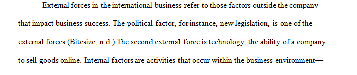 Provide examples of external and internal environmental forces in international business.