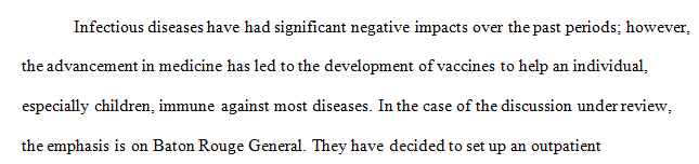 You have been hired to develop an Outpatient Immunization Clinic for Baton Rouge General