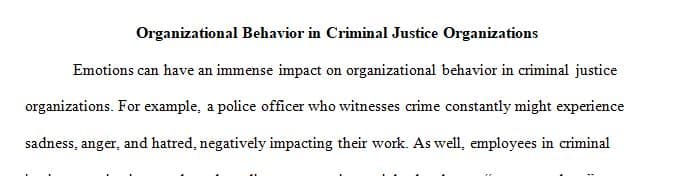 How do emotions, attitudes, motivation, goals, and stress impact organizational behavior in criminal justice organizations