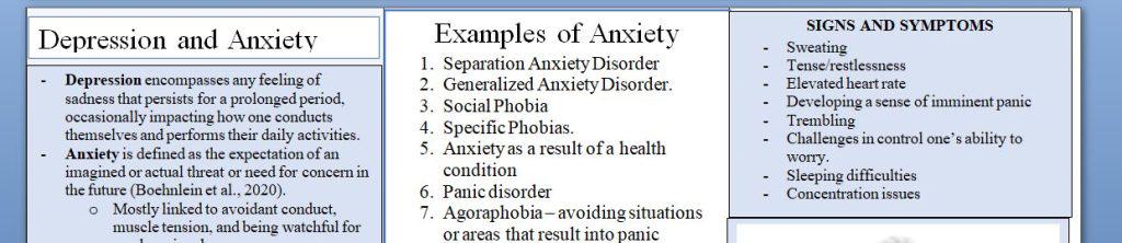 Create a patient educationbrochure for an imaginary patient in a primary care clinic about how to manage anxiety and depression