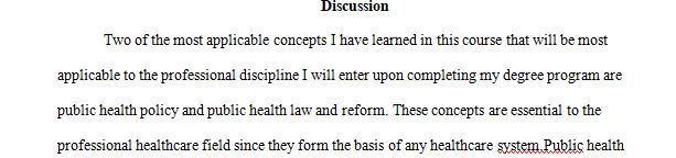 Identify and briefly discuss two concepts in this course that you believe will be most applicable to the professional discipline