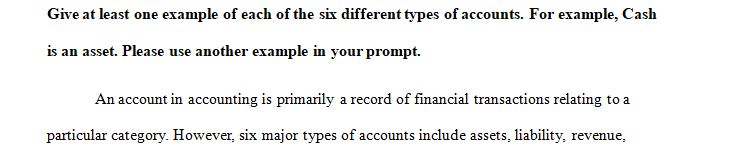 Give at least one example of each of the six different types of accounts