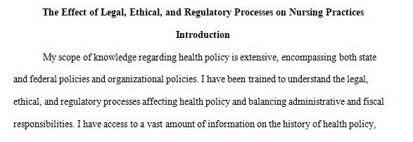 Examine the effect of legal, ethical, and regulatory processes on nursing practices