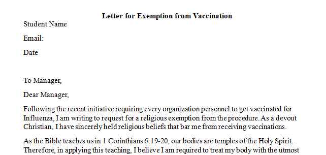 Write a letter describing the nature of your sincerely held religious beliefs and how they conflict with the influenza vaccine requirements