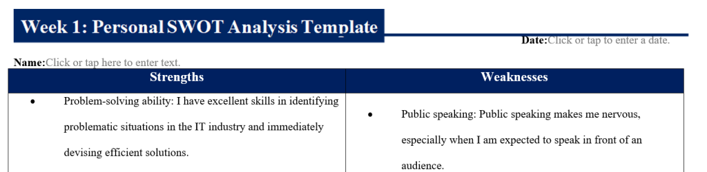 Upload completed Personal SWOT Analysis