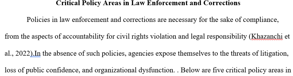 Identify five critical policy areas in law enforcement